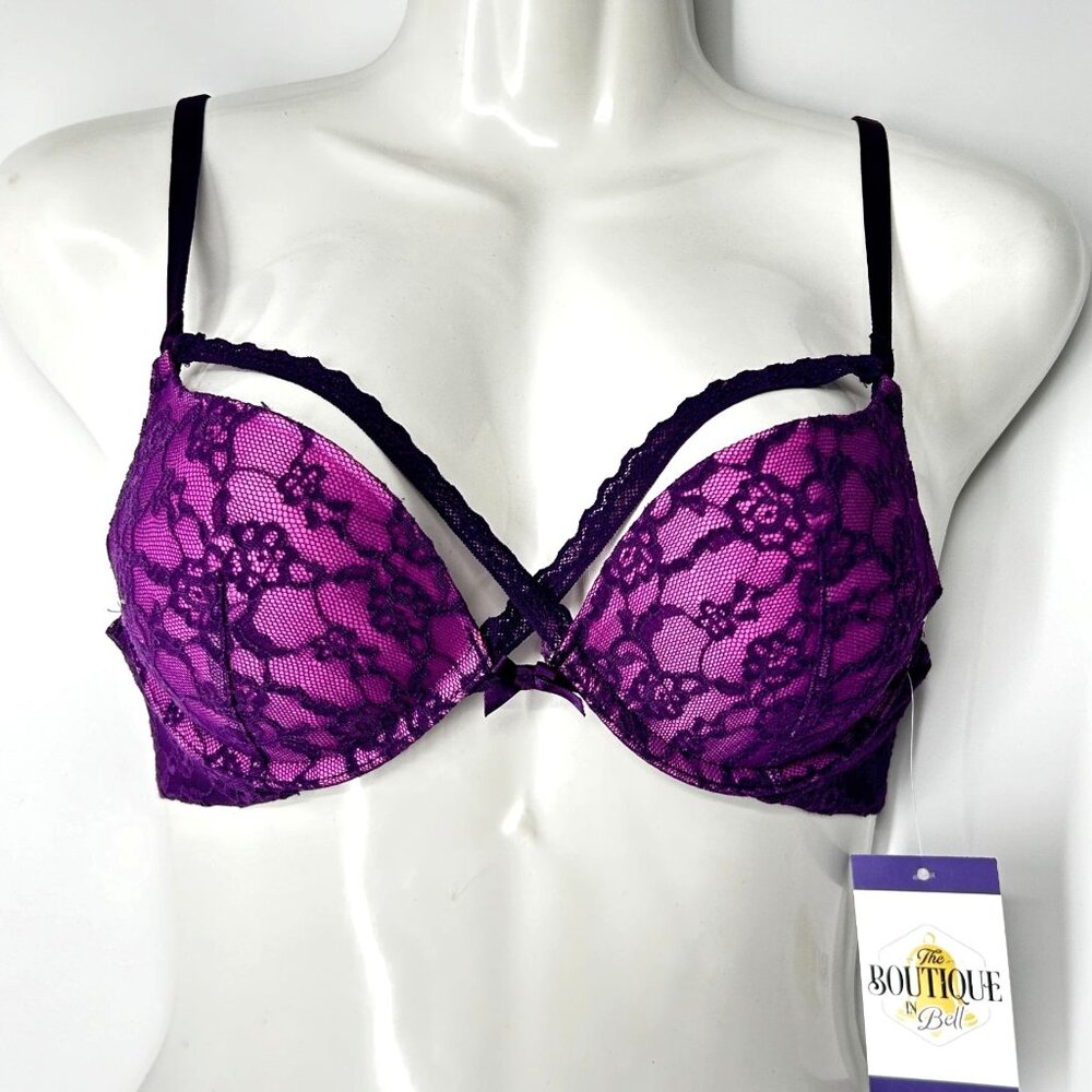 Victoria's Secret 32B Push Up Bra Purple Lace Strappy Front Adjustable Straps